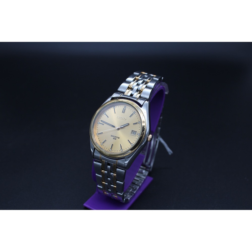 Seiko Sports 50 37mm Quartz 7N42-8070 Gold Dial Two-Tone Watch – Runs Great